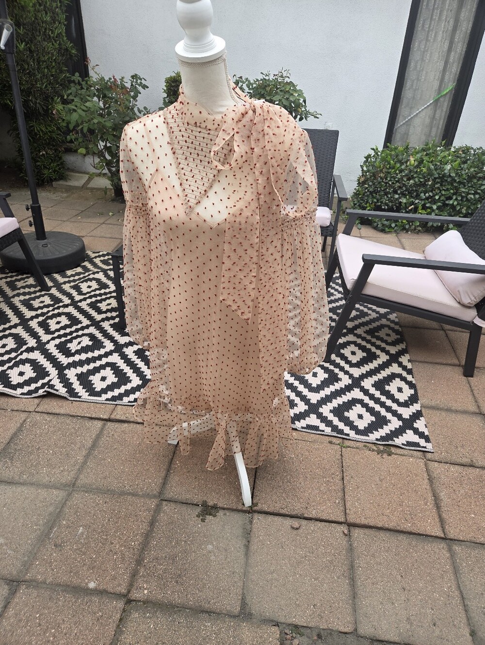 Zara Red/beige Sheer Polka Dot Midi Dress S.